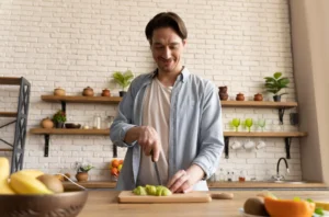Medium shot man cutting kiwi
