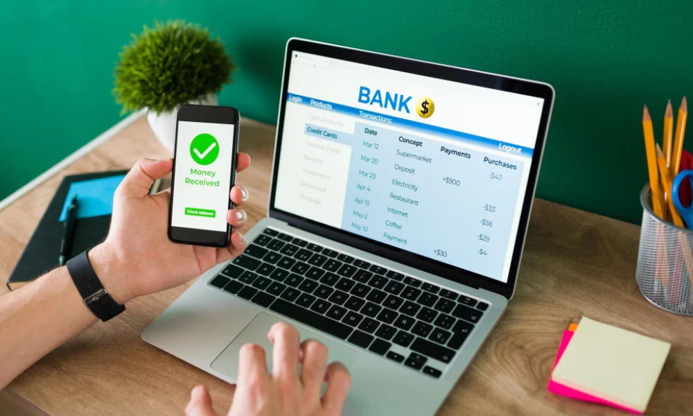 Screen sequence showing an online loan form completed on a laptop and phone.