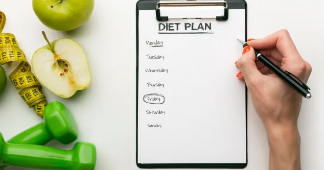 Meal planning clipboard and food arrangement-how to lose 30 pounds in 6 months