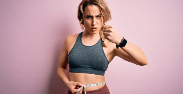 Woman measuring waist with tape measure, looking determined-can you lose 30 pounds in 2 months