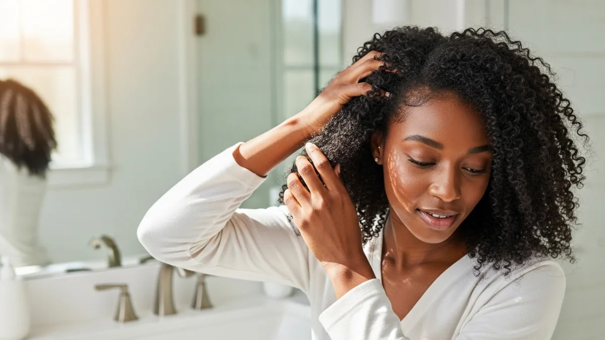 4B hair woman gently styling curls in bathroom