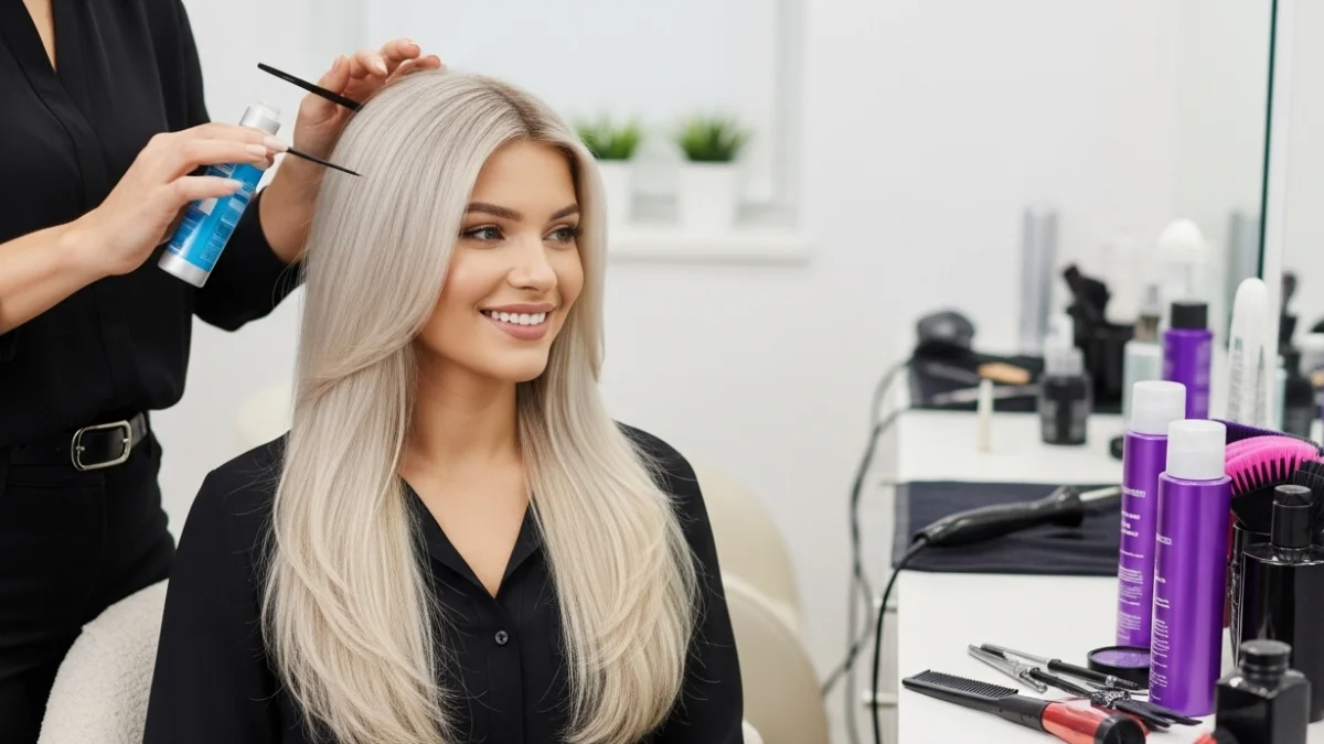 613 hair color woman getting styled at salon