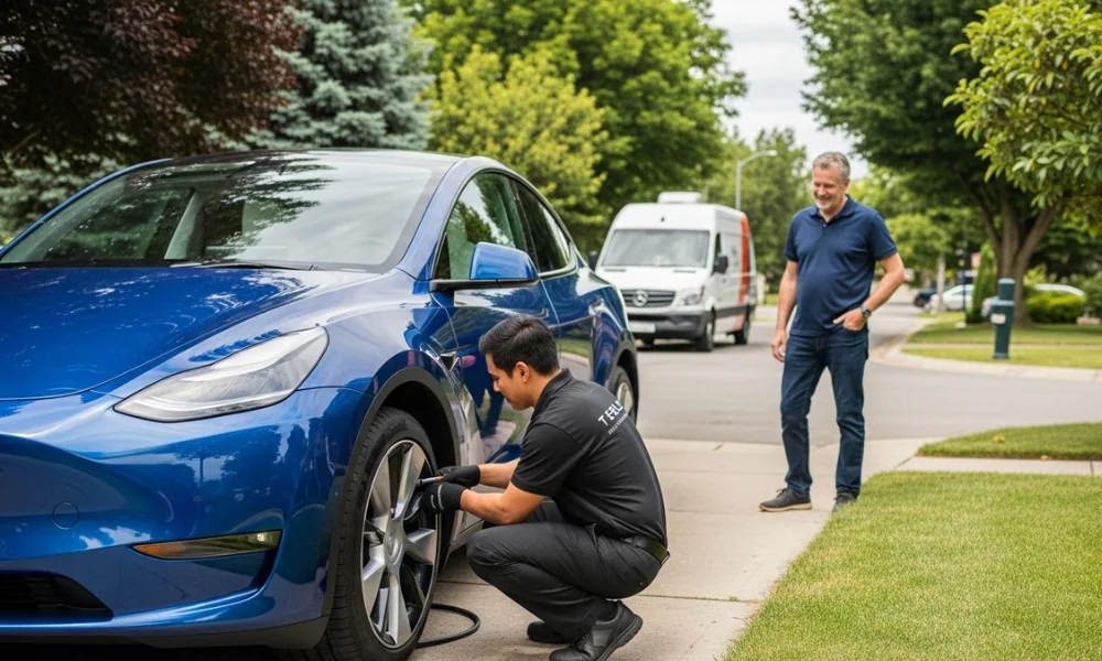 A Tesla mobile service technician kneeling to work on the front wheel of a blue Tesla parked in a suburban driveway, while the car owner stands nearby watching.