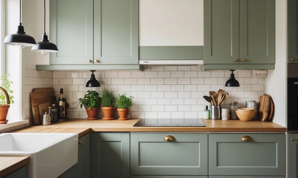 A cozy kitchen with muted green cabinets, white subway tiles, and wooden countertops.