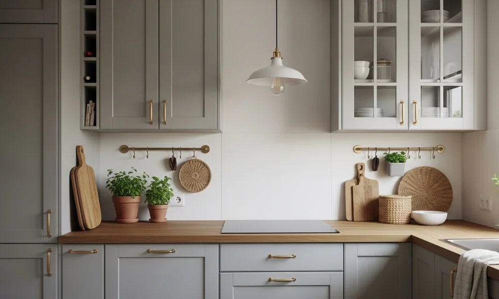 A modern kitchen with gray cabinets and a wooden countertop.