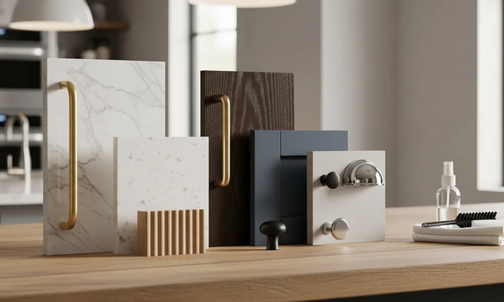 A selection of kitchen cabinet doors displayed on a wooden counter