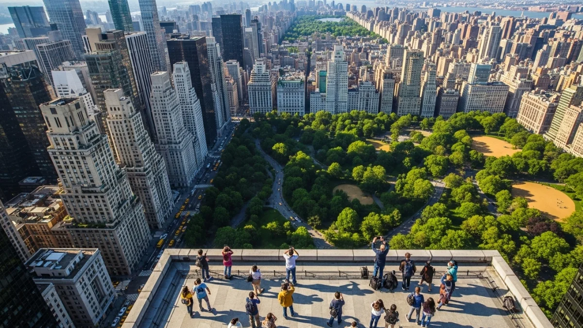 Aerial view of New York City skyline with tourists exploring Central Park (1)
