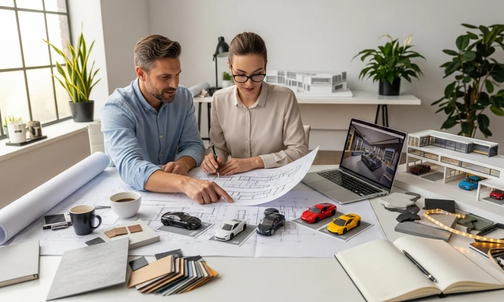 Architects designing a modern luxury garage with car models