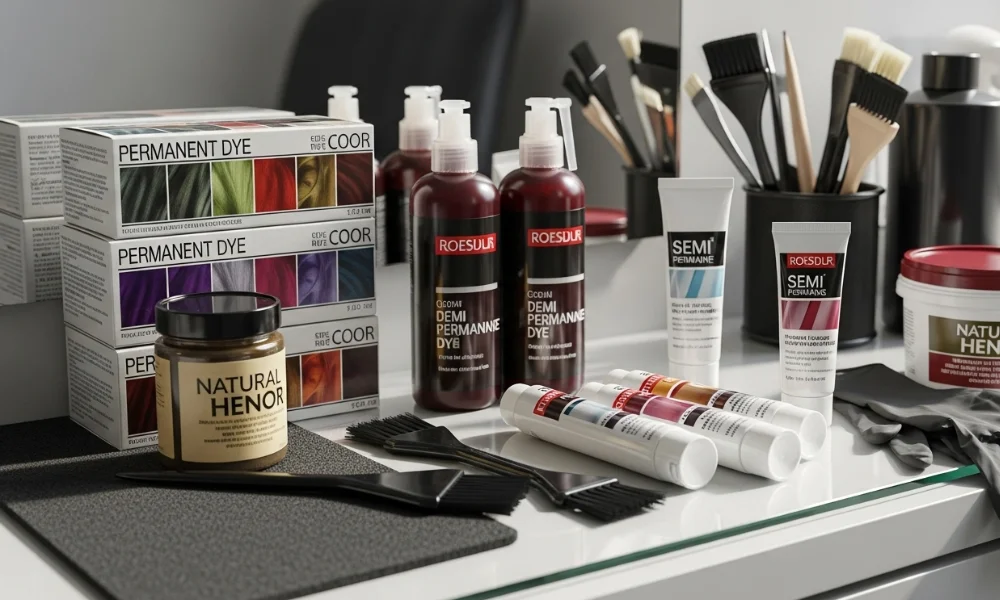 Assorted permanent, semi, and natural hair dyes on salon counter