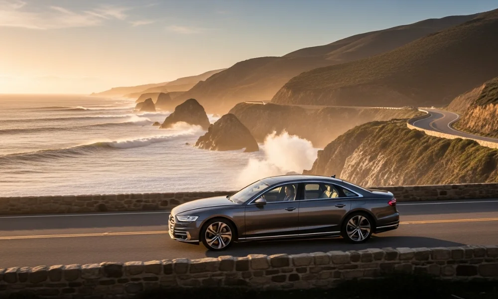 Audi sedan driving along a scenic ocean cliff road