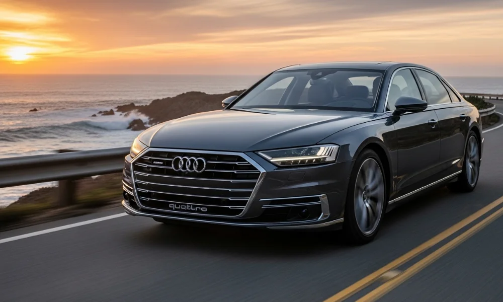 Audi sedan driving on a coastal road at sunset