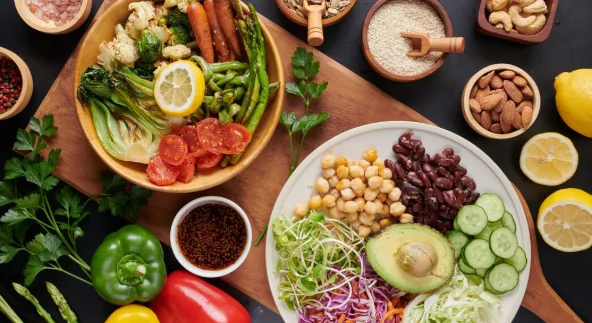 Buddha bowl dish with vegetables and legumes. top view