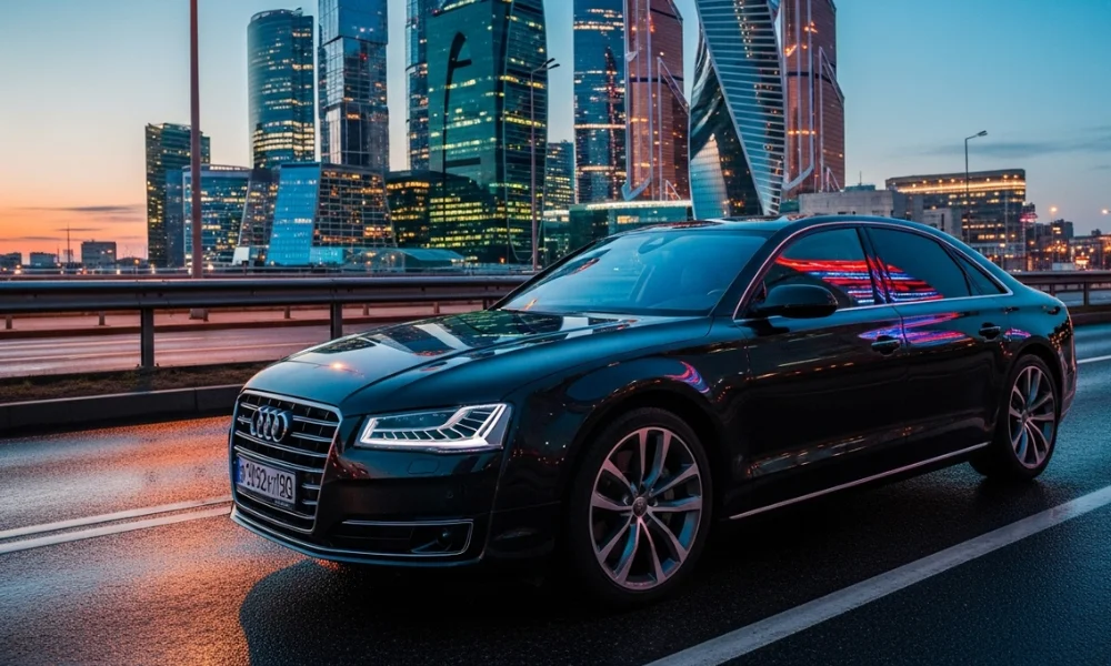 Black Audi sedan on a city street at dusk