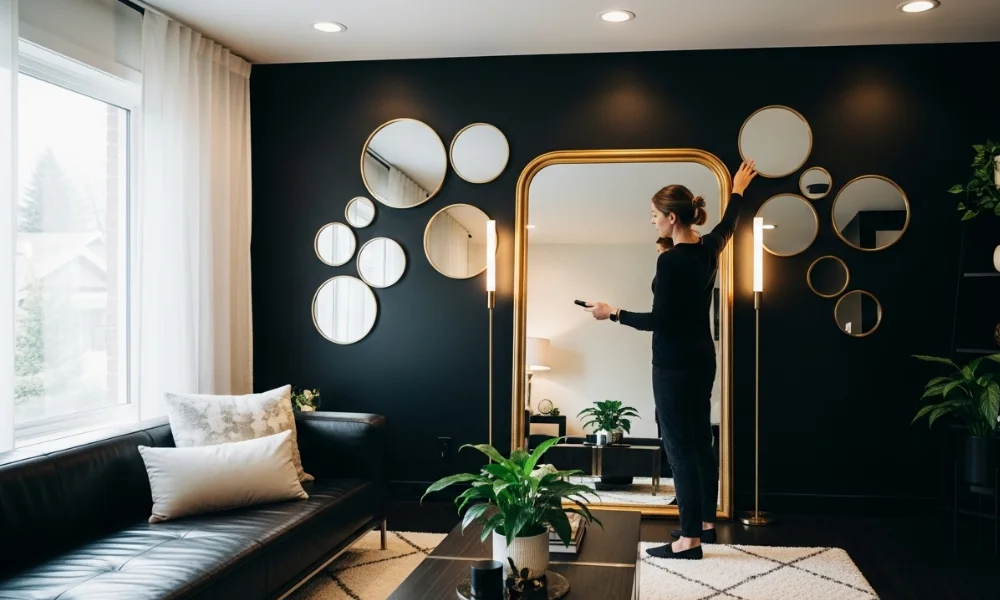 Black accent wall with mirrors and gold frame décor