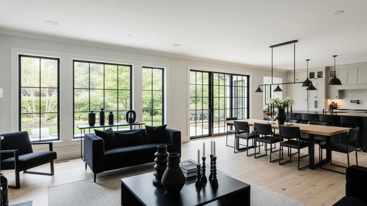 Black home decor ideas in a modern open-plan living space