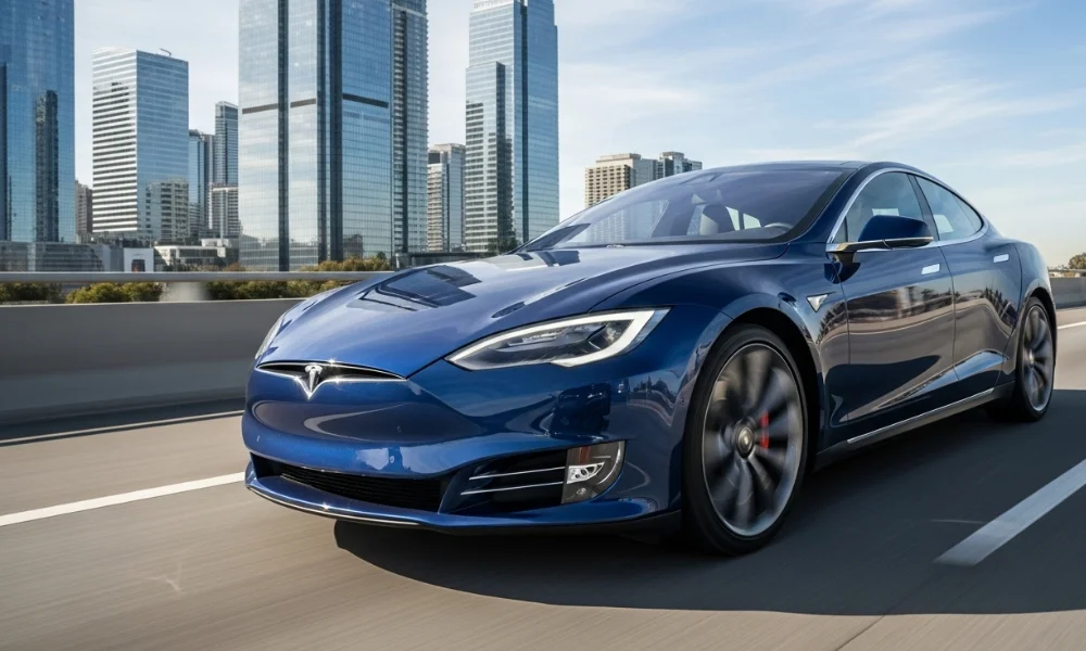 Blue Tesla luxury car driving on a city highway with modern skyscrapers in the background