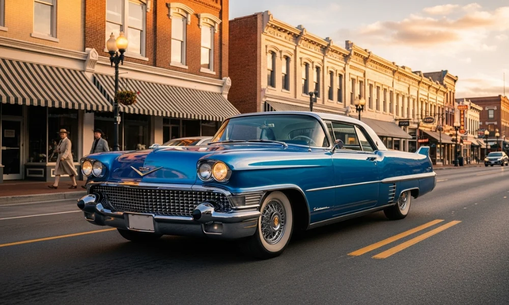 Blue classic Cadillac on a city street