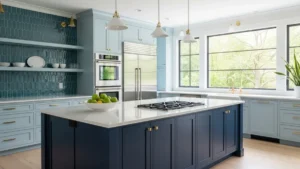 Bright blue kitchen decor with navy island and tiles