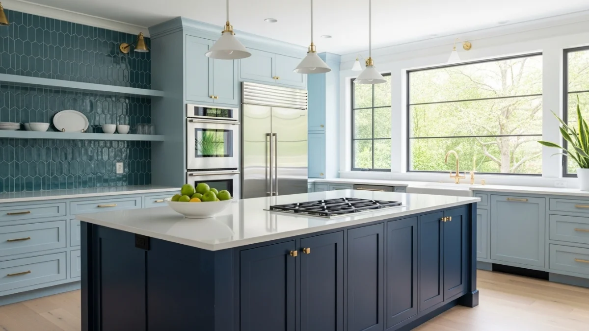 Bright blue kitchen decor with navy island and tiles
