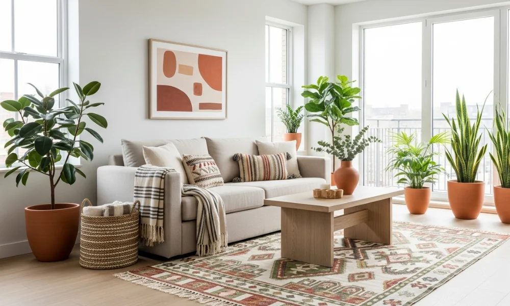 Bright living room with terracotta pots and indoor plants