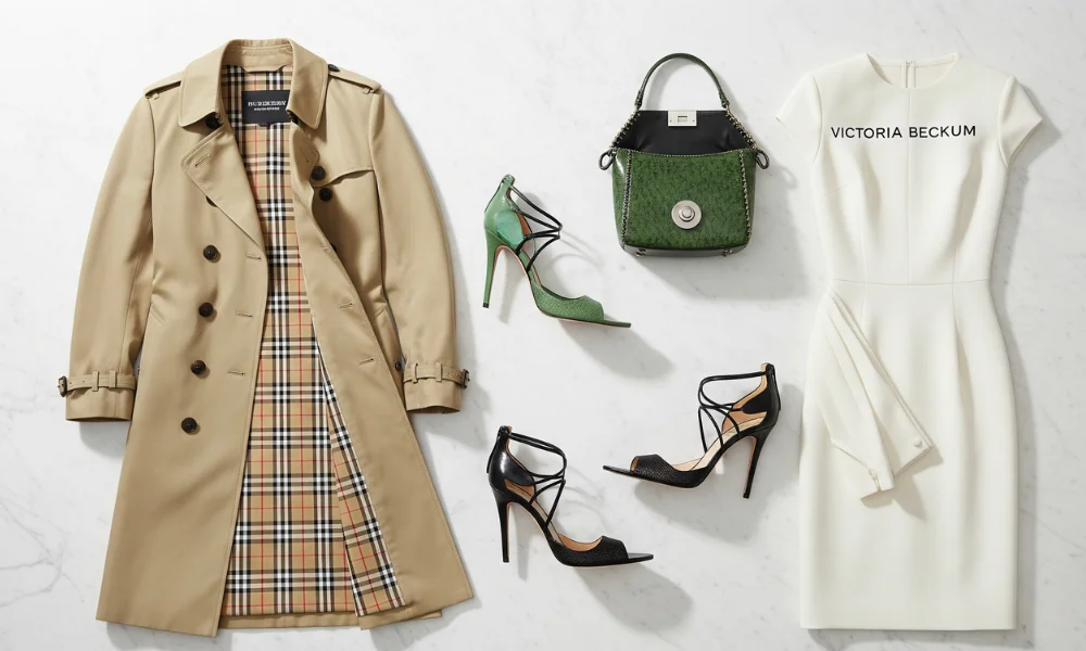 Burberry trench coat, Victoria Beckham dress, designer heels, and handbag flat lay showcasing London luxury fashion