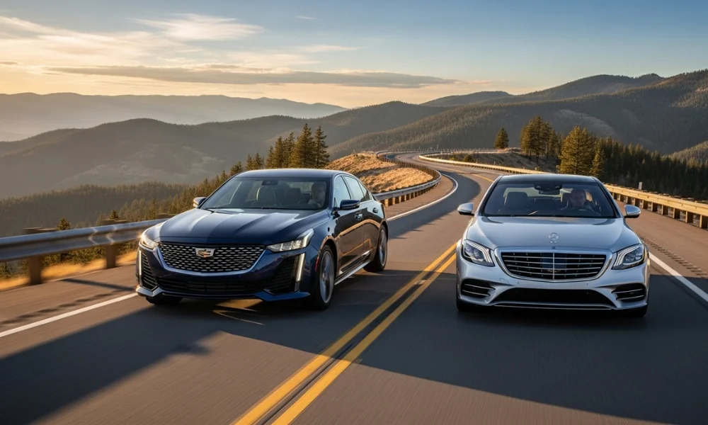 Cadillac and Mercedes on mountain road