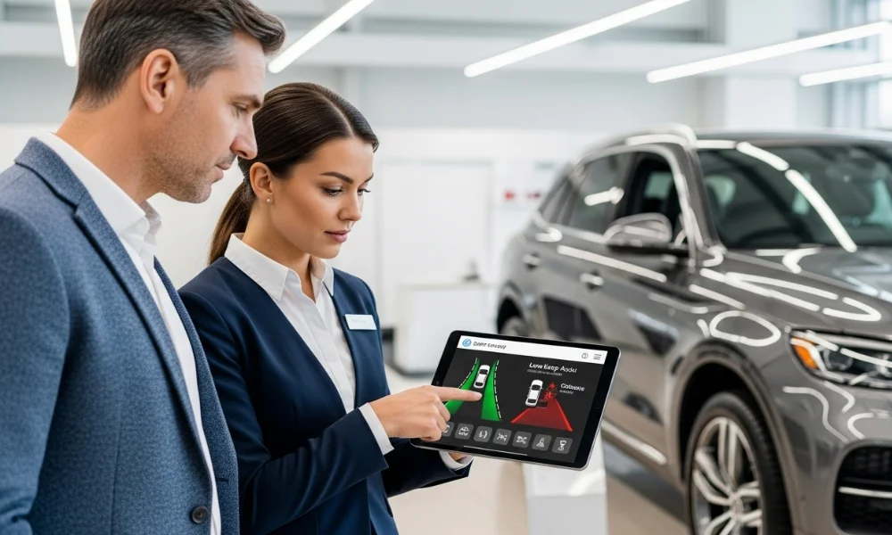 Car dealer showing safety features on a tablet