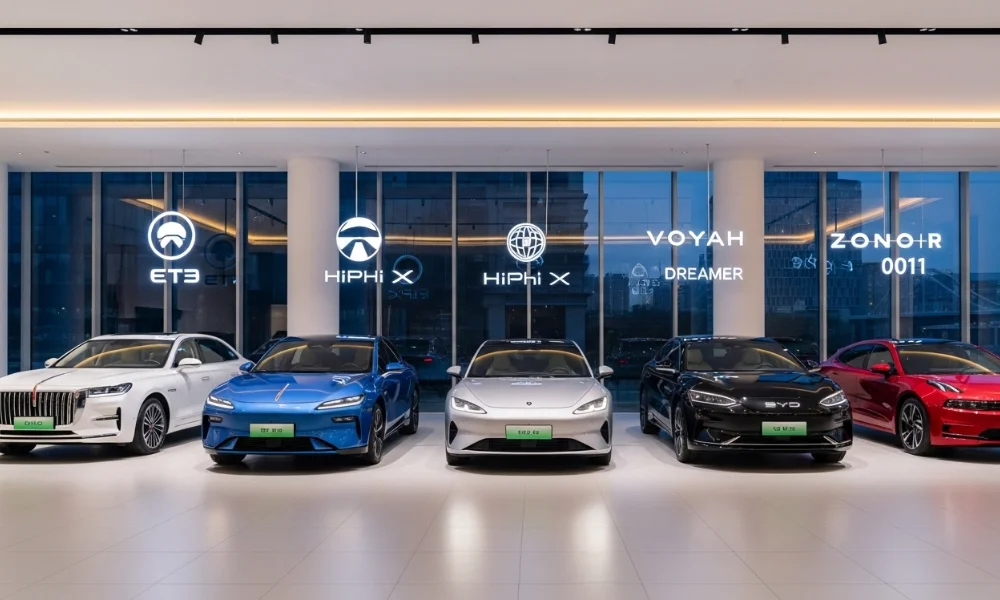 Chinese luxury cars in modern showroom