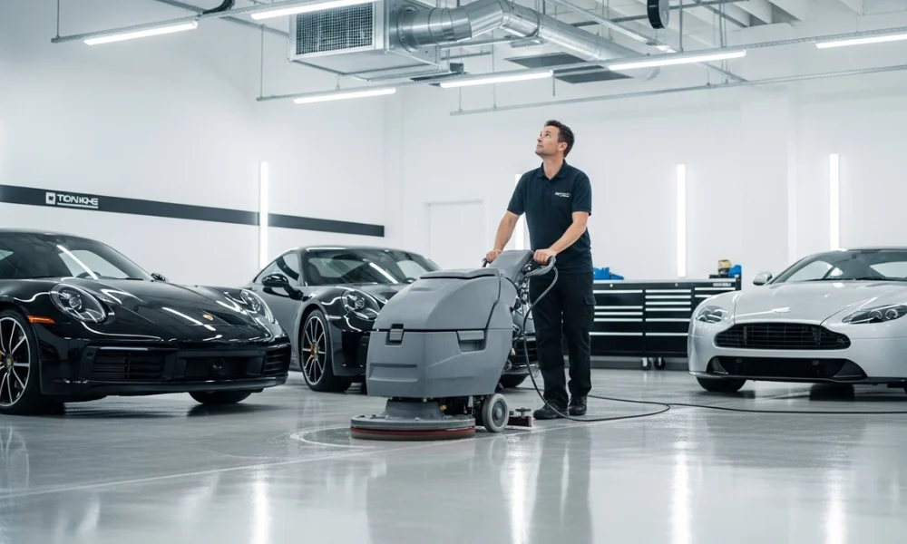 Clean garage with luxury cars and worker polishing the floor