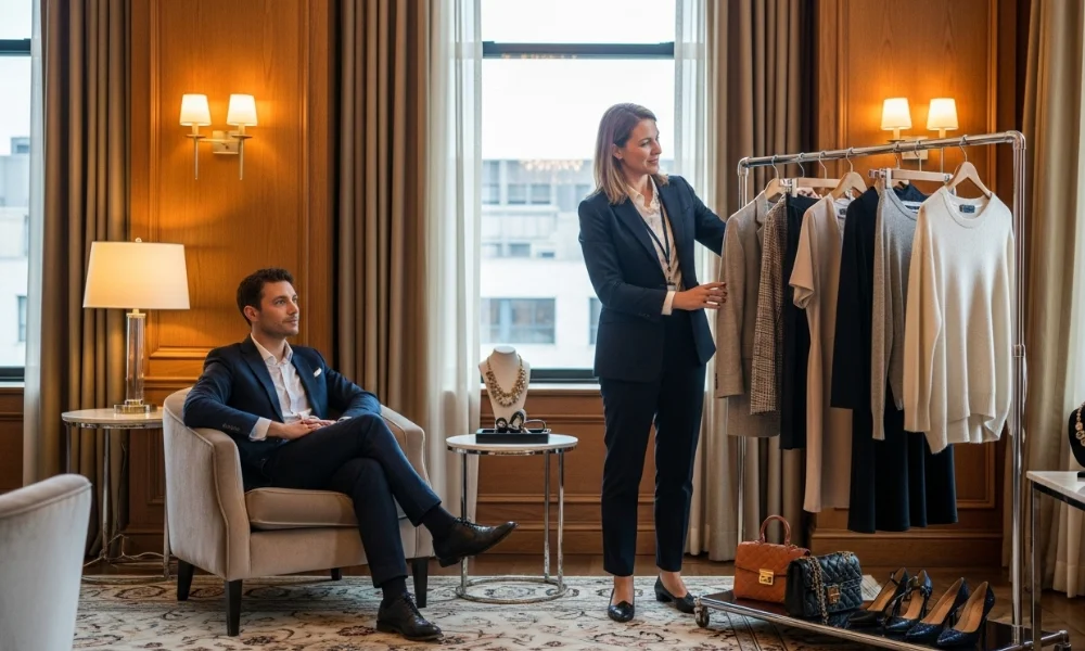 Client receiving personal shopping service in luxury boutique