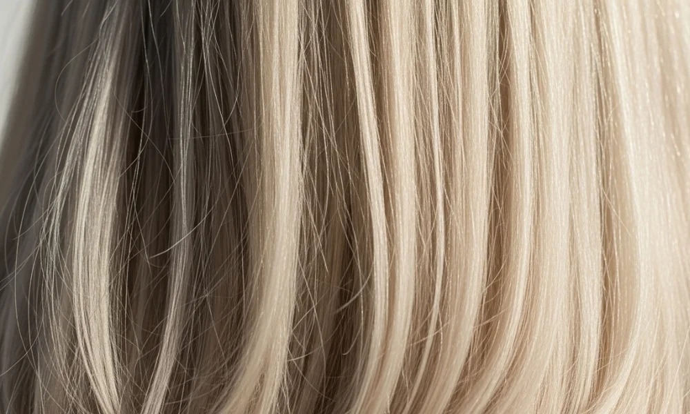 Close-up of 613 hair color straight blonde hair strands