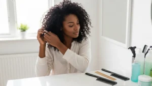 Coarse hair woman styling curls at bathroom counter