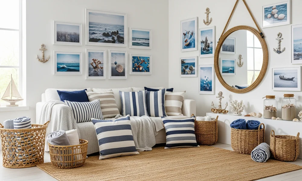 Coastal home accessories like sea art, rattan baskets, and woven rugs