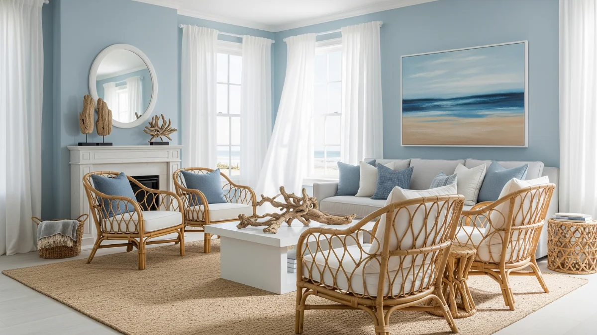 Coastal home decor with soft blues, sandy neutrals, and natural textures