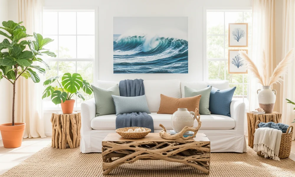 Coastal living room with slipcovered sofas and driftwood accents