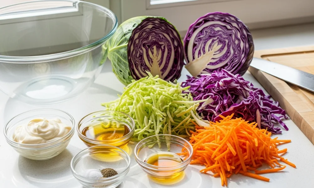 Coleslaw ingredients_ cabbages, carrots, mayo, and spices