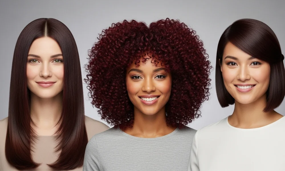 Collage of diverse women wearing different burgundy “BURG” hair styles
