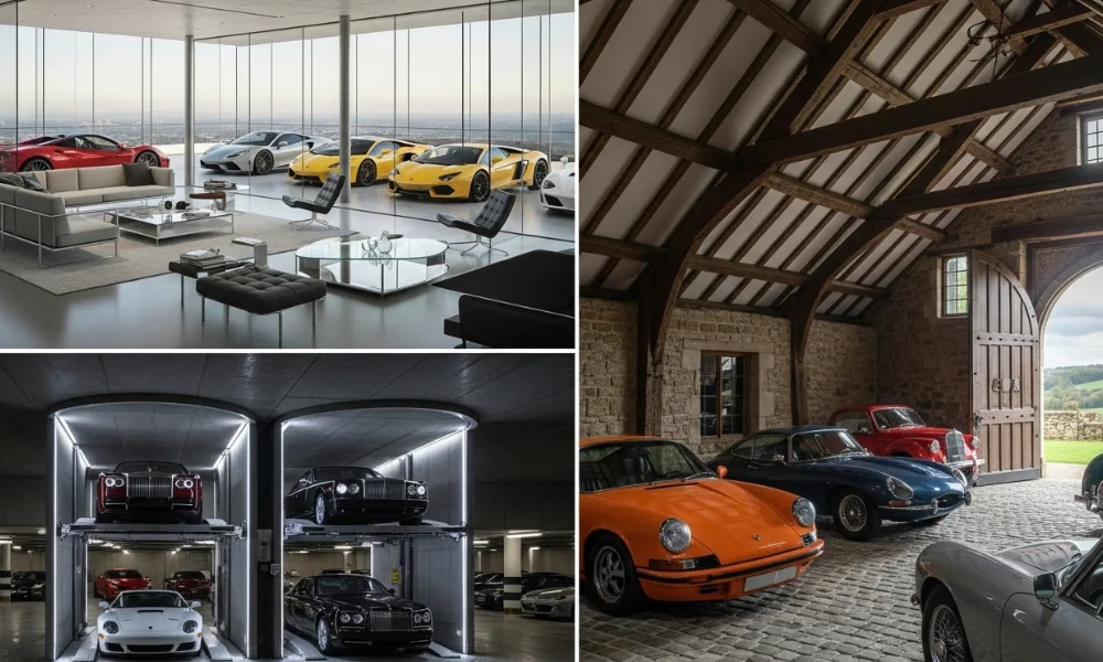 Collage of luxury garages featuring exotic and vintage cars