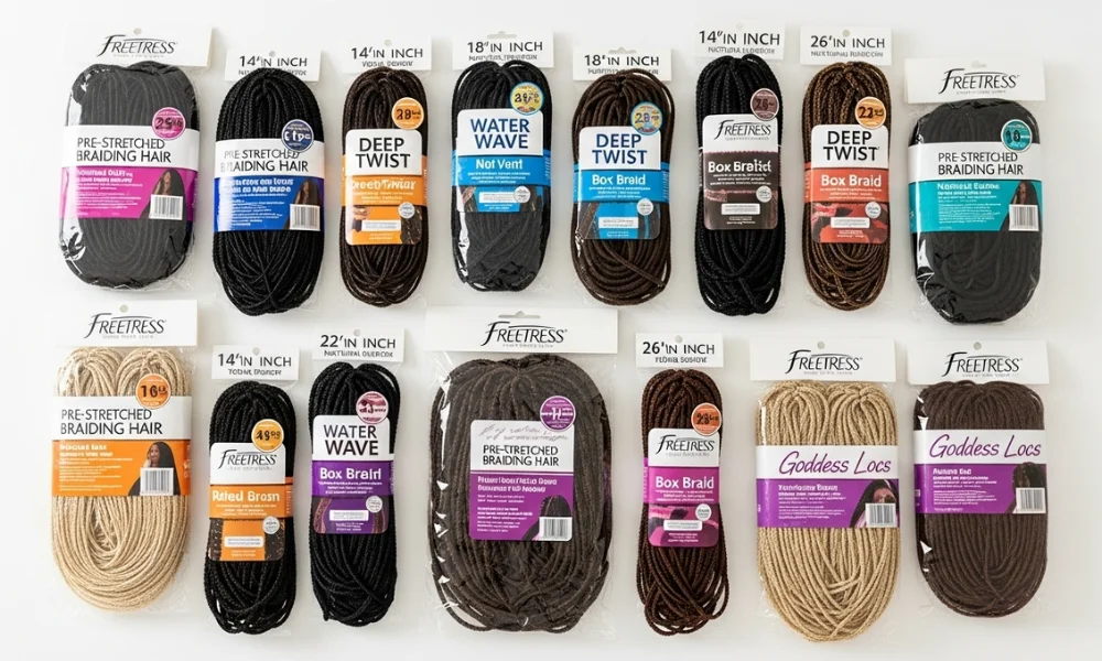 Collection of braiding hair packs in various colors and styles