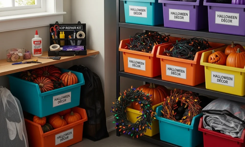 Colorful bins of Halloween decorations