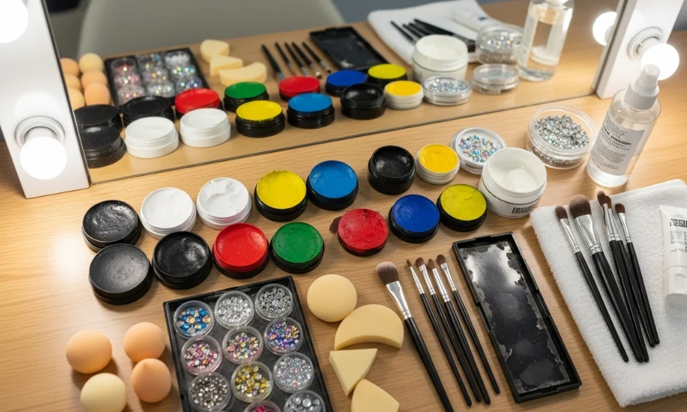 Colorful clown makeup kit on vanity