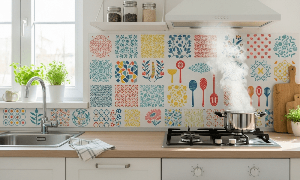 Colorful kitchen backsplash stickers behind stove