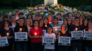 Community members holding “Chatham Strong Illinois” signs at a vigil after the YNOT crash