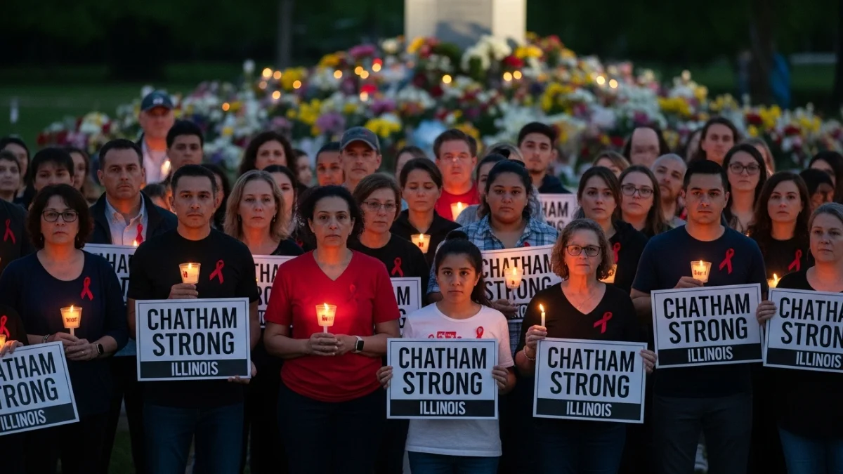 Community members holding “Chatham Strong Illinois” signs at a vigil after the YNOT crash