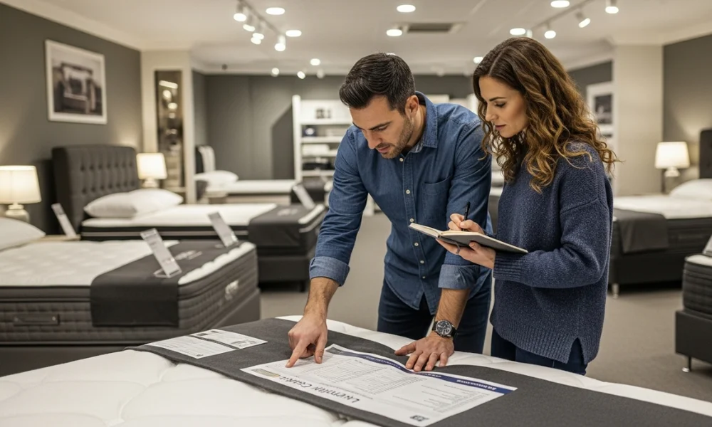 Couple reviewing specifications while shopping for the best luxury mattress in a modern showroom