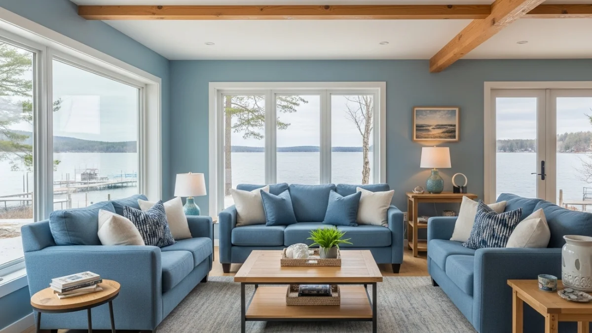 Cozy blue lakefront living room decorating lake home with large windows and lake view.