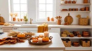 Cozy fall kitchen decor with pumpkins and candles