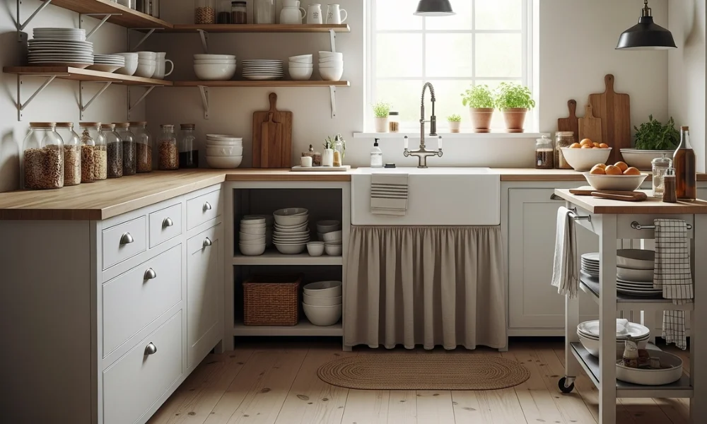 Cozy farmhouse kitchen with open shelves, a farmhouse sink with a skirt, wooden countertops, and potted herbs by the window