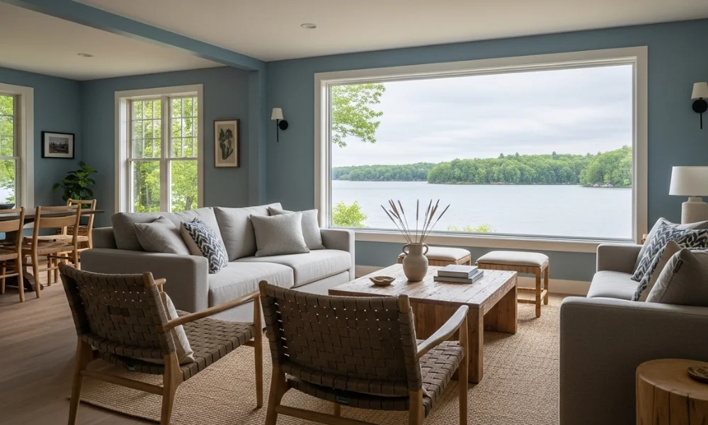 Cozy lake house living room with water view