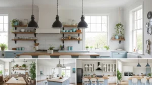 Cozy modern kitchen with blue cabinets and wooden island